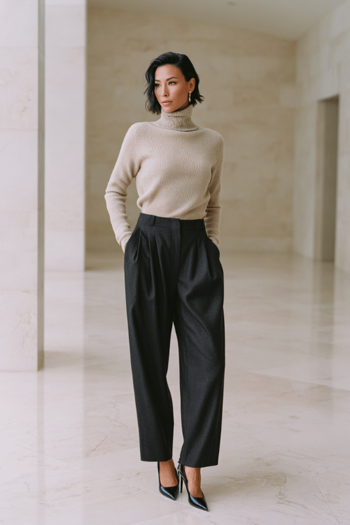 a woman dressed in a fitted cashmere turtleneck in oatmeal tone paired with tailored charcoal wide-leg trousers and pointed-toe leather pumps, standing in a minimalist white marble lobby