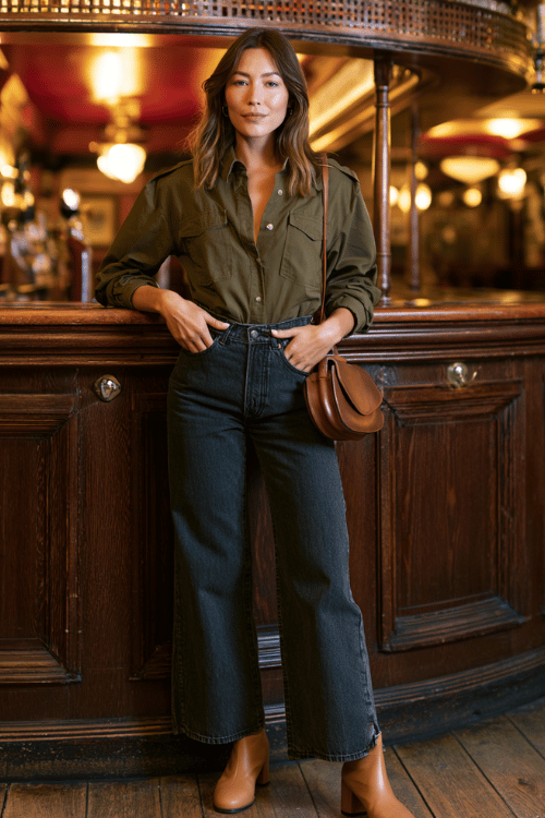 a woman dressed in a fitted olive green military-style button-down shirt tucked into high-waisted wide-leg dark wash jeans, tan block-heeled ankle boots