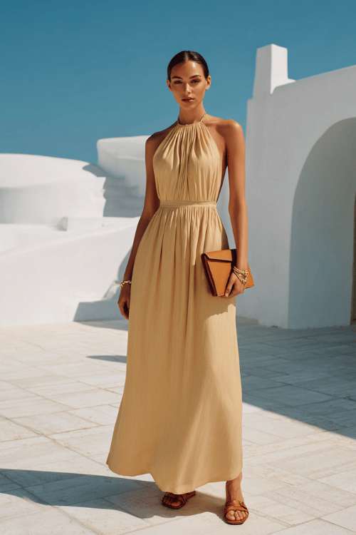 a woman dressed in a flowing halter-neck maxi dress in warm sand crepe with gentle draping at the bodice and a softly flared skirt, paired with strappy flat leather sandals in cognac