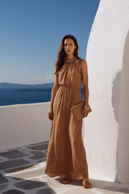 a woman dressed in a flowing halter-neck maxi dress in warm sand crepe with gentle draping at the bodice and a softly flared skirt