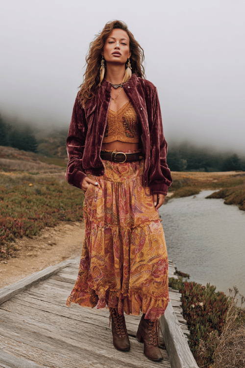 a woman dressed in a hippie-chic layered look a plum velvet cropped jacket over a printed boho maxi dress in warm amber and forest tones accessorized with a wide tooled leather belt 