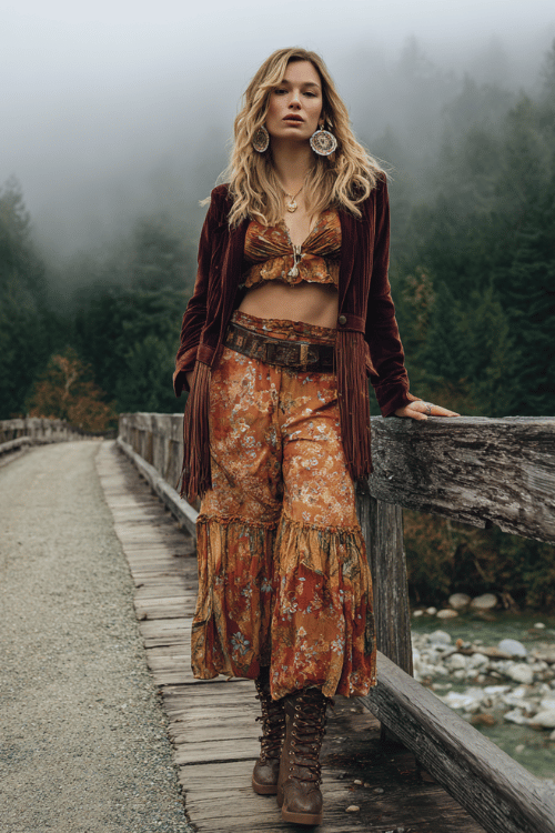 a woman dressed in a hippie-chic layered look a plum velvet cropped jacket over a printed boho maxi dress in warm amber and forest tones accessorized with a wide tooled leather belt
