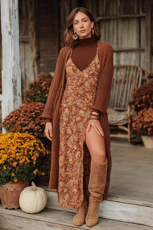 a woman dressed in a laid-back boho style a soft chocolate brown turtleneck under a sleeveless floral maxi dress in warm amber tones, layered with a long open-knit duster cardigan 