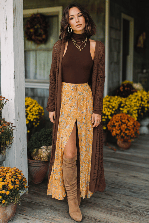 a woman dressed in a laid-back boho style a soft chocolate brown turtleneck under a sleeveless floral maxi dress in warm amber tones, layered with a long open-knit duster cardigan