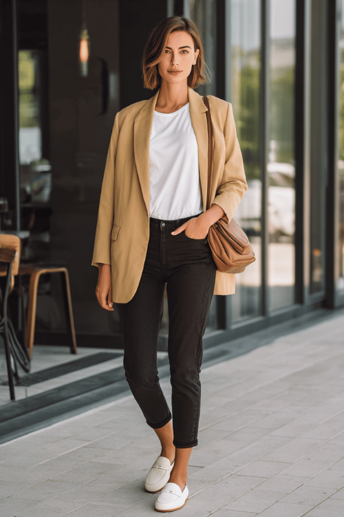 a woman dressed in a lightweight oversized camel blazer layered over a simple white fitted tee and slim-fit dark trousers, wearing clean white leather loafers 