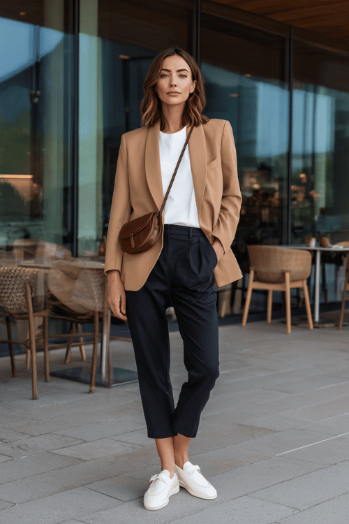 a woman dressed in a lightweight oversized camel blazer layered over a simple white fitted tee and slim-fit dark trousers, wearing clean white leather loafers