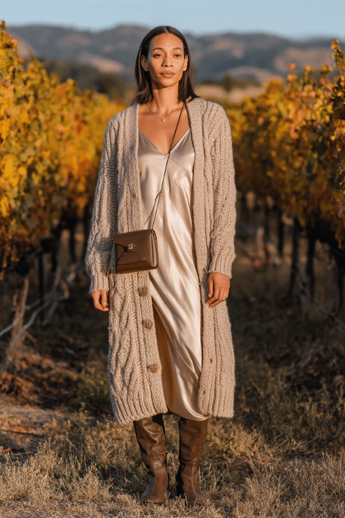 a woman dressed in a long knitted cardigan coat in warm oatmeal worn over a silk slip dress in champagne, paired with knee-high flat leather boots in dark tan 