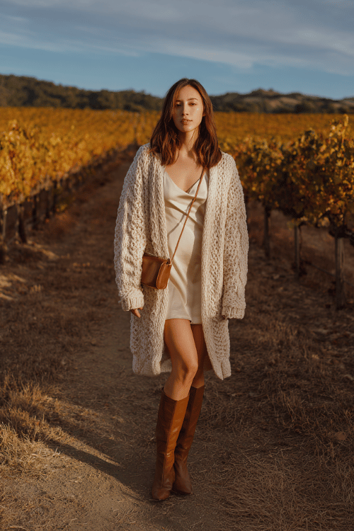 a woman dressed in a long knitted cardigan coat in warm oatmeal worn over a silk slip dress in champagne, paired with knee-high flat leather boots in dark tan