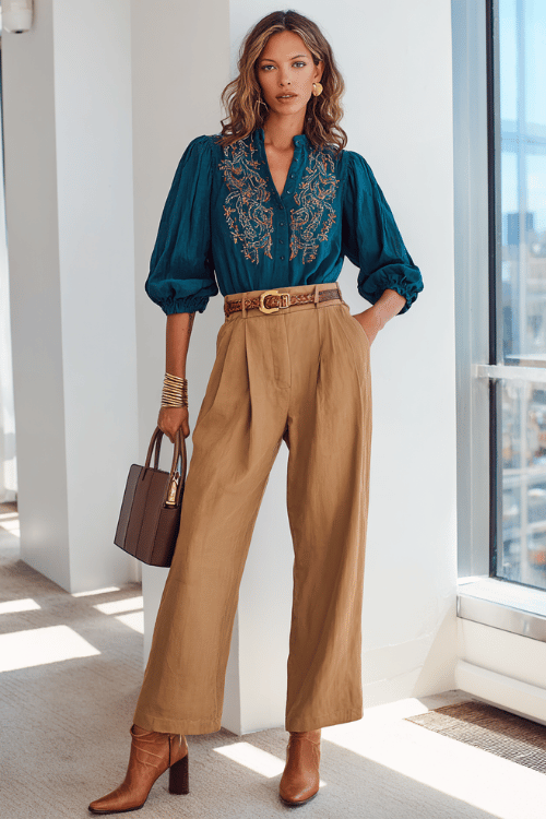 a woman dressed in a polished boho work outfit a deep teal embroidered peasant blouse with three-quarter sleeves tucked into tailored wide-leg trousers in warm camel