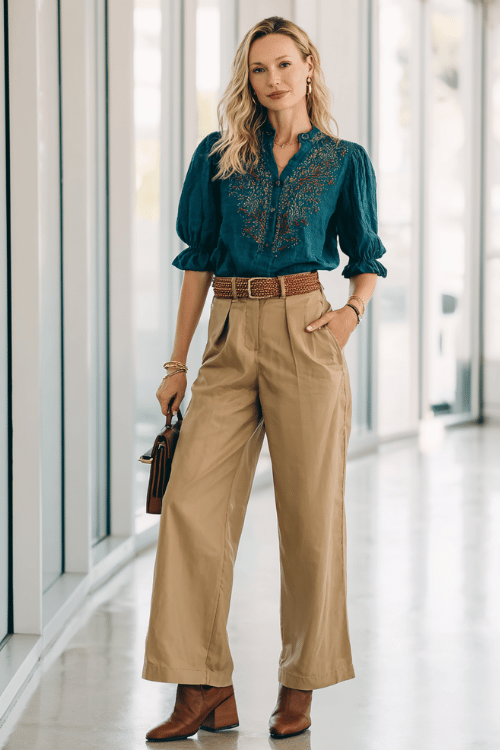 a woman dressed in a polished boho work outfit a deep teal embroidered peasant blouse with three-quarter sleeves tucked into tailored wide-leg trousers in warm camel
