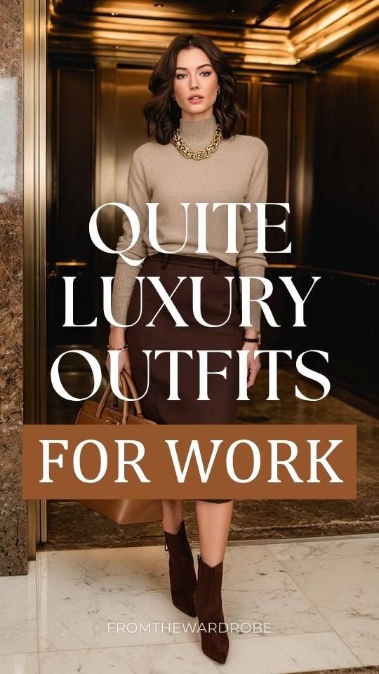 a woman dressed in a quite luxury outfit for work with a cashmere crewneck sweater in warm oatmeal tucked into a tailored high-waisted midi pencil skirt in deep espresso brown (2)