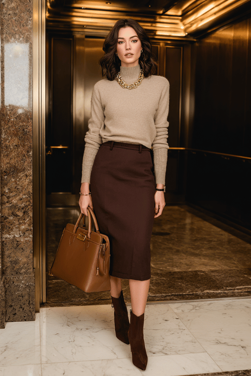 a woman dressed in a refined cashmere crewneck sweater in warm oatmeal tucked into a tailored high-waisted midi pencil skirt in deep espresso brown