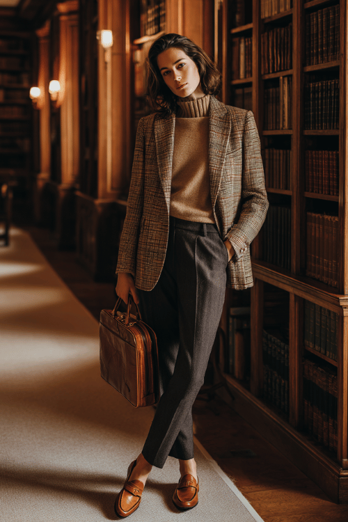a woman dressed in a refined plaid wool blazer in earthy brown and cream tones over a ribbed cashmere turtleneck in camel, slim-fit dark trousers, and leather loafers in warm tan