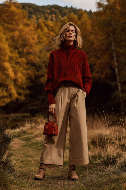 a woman dressed in a relaxed oversized cashmere sweater in deep rust tone tucked into tailored high-waisted wide-leg trousers in warm camel, wearing ankle leather boots (2)