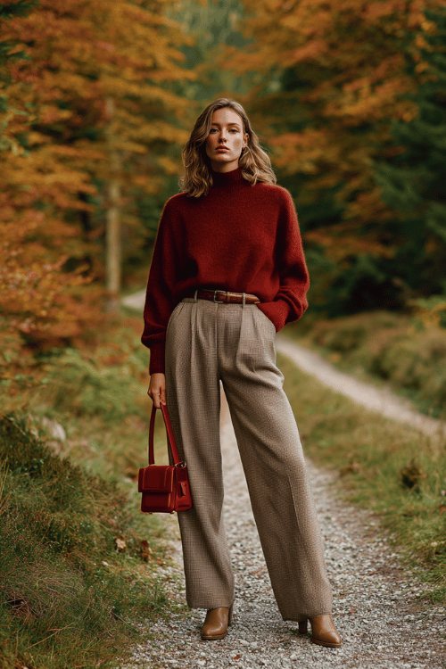 a woman dressed in a relaxed oversized cashmere sweater in deep rust tone tucked into tailored high-waisted wide-leg trousers in warm camel, wearing ankle leather boots 