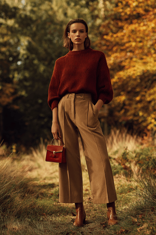 a woman dressed in a relaxed oversized cashmere sweater in deep rust tone tucked into tailored high-waisted wide-leg trousers in warm camel, wearing ankle leather boots