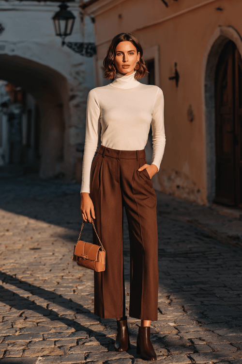 a woman dressed in a slim-fit turtleneck in soft cream paired with tailored wide-leg trousers in warm chocolate brown, flat leather ankle boots
