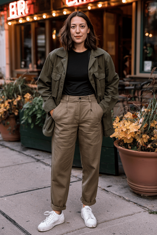 a woman dressed in a soft olive green utility jacket over a black fitted crew-neck top, straight-leg khaki trousers, and white leather sneakers