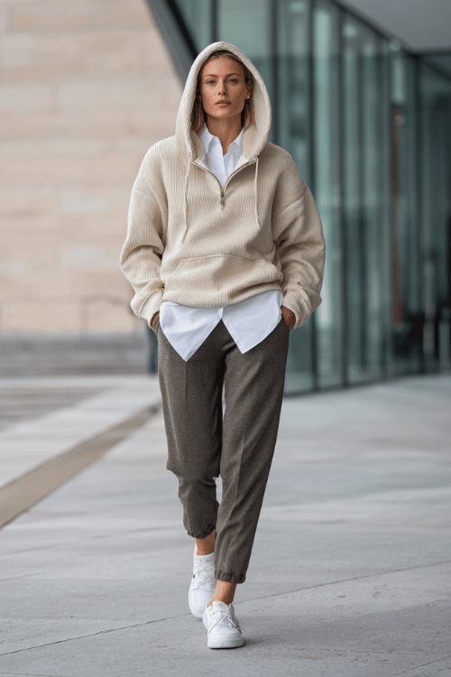 a woman dressed in a soft oversized hoodie in warm stone beige layered over a crisp white collared shirt, paired with tailored slim jogger trousers