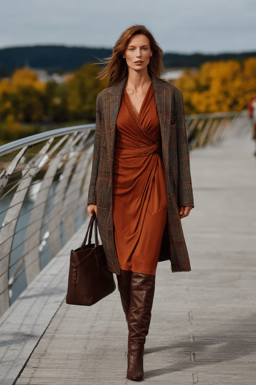 a woman dressed in a warm copper-toned long-sleeve wrap dress with elegant draping and a graceful midi length, layered with a longline windowpane coat in charcoal and ivory