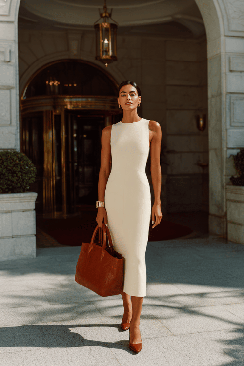 a woman dressed in an elegant sleeveless column dress in rich warm ivory crepe with subtle seam detailing, paired with block-heel leather pumps in deep cognac, a slim gold cuff bracelet