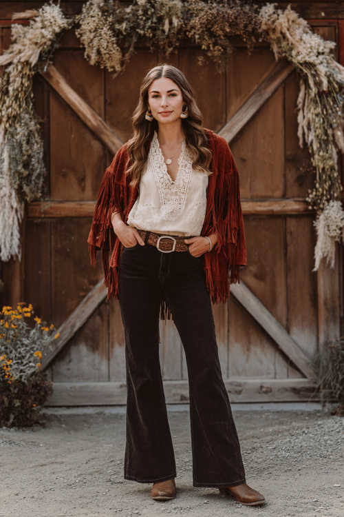 a woman dressed in dark flared jeans paired with a relaxed cream lace peasant blouse, layered with a fringed boho jacket in warm terracotta, accessorized with a wide tooled leather belt