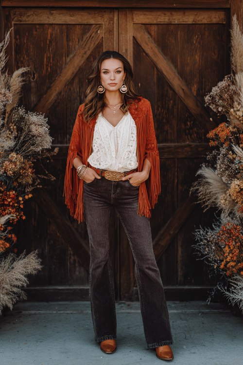 a woman dressed in dark flared jeans paired with a relaxed cream lace peasant blouse, layered with a fringed boho jacket in warm terracotta, accessorized with a wide tooled leather belt