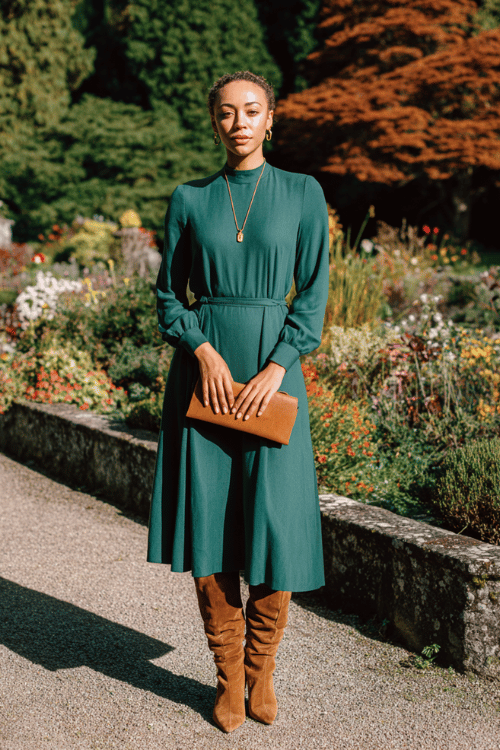 a woman in a beautifully tailored wool midi dress in deep forest green with long sleeves and a subtle flared skirt, accessorized with a slim gold pendant necklace, knee-high suede boots