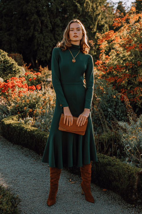 a woman in a beautifully tailored wool midi dress in deep forest green with long sleeves and a subtle flared skirt, accessorized with a slim gold pendant necklace