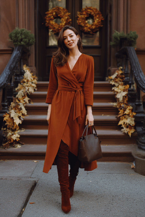 a woman in a bold burnt sienna long-sleeve wrap dress with a flattering cinched waist and flowing midi skirt, paired with over-the-knee boots in rich dark cognac suede 