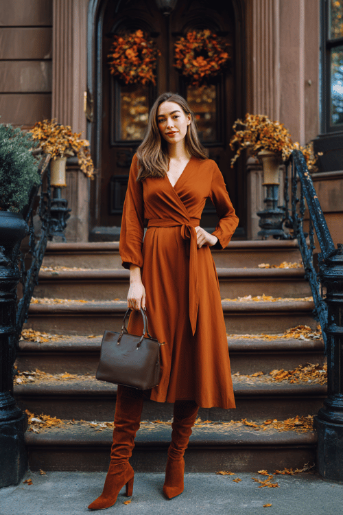 a woman in a bold burnt sienna long-sleeve wrap dress with a flattering cinched waist and flowing midi skirt, paired with over-the-knee boots in rich dark cognac suede 