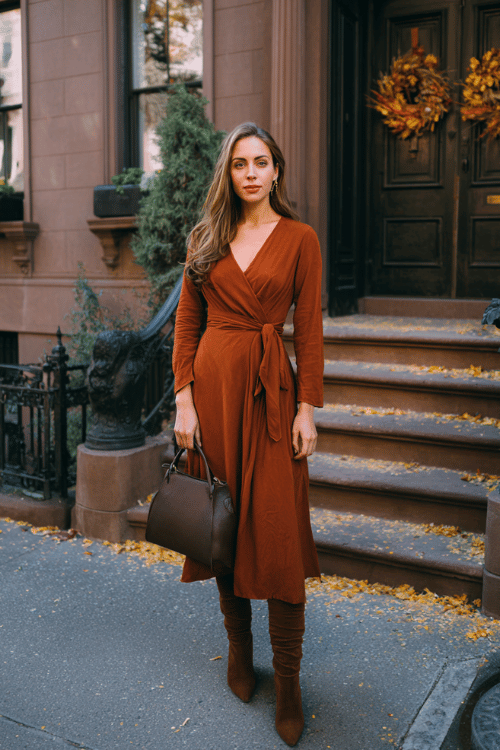 a woman in a bold burnt sienna long-sleeve wrap dress with a flattering cinched waist and flowing midi skirt, paired with over-the-knee boots in rich dark cognac suede
