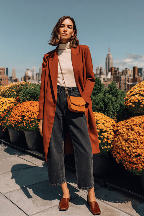a woman in a bold burnt sienna oversized blazer belted at the waist over a soft ivory turtleneck tucked into high-waisted wide-leg dark wash jeans, finished with block-heel loafers