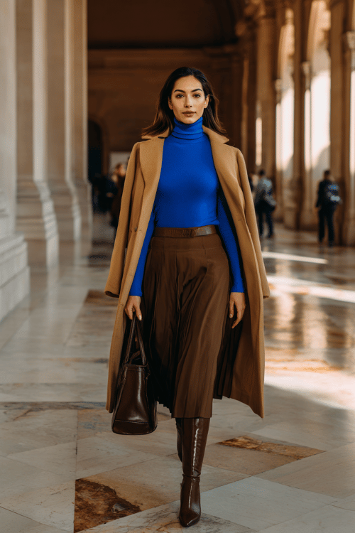 a woman in a bold cobalt blue fitted turtleneck tucked into a high-waisted pleated midi skirt in warm chocolate brown, layered with a longline camel overcoat with oversized lapels