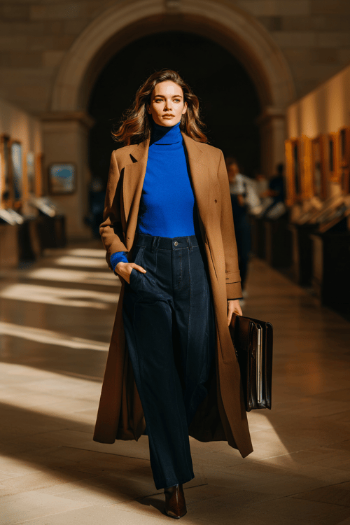 a woman in a bold cobalt blue fitted turtleneck tucked into wide-leg dark indigo jeans, layered with a longline camel overcoat with oversized lapels, finished with pointed-toe ankle boots