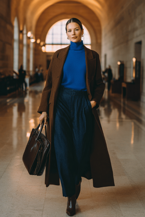 a woman in a bold cobalt blue fitted turtleneck tucked into wide-leg dark indigo jeans, layered with a longline camel overcoat with oversized lapels, finished with pointed-toe ankle boots