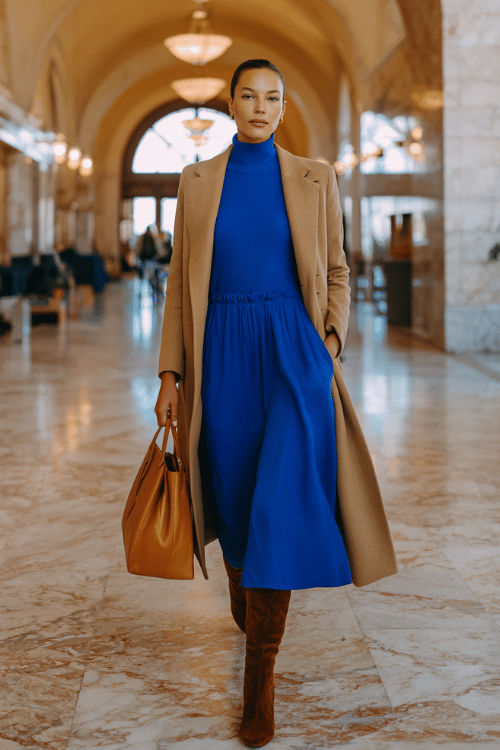 a woman in a bold cobalt blue long-sleeve turtleneck dress with a cinched waist and flowing midi skirt, layered with a longline camel overcoat with oversized lapels 