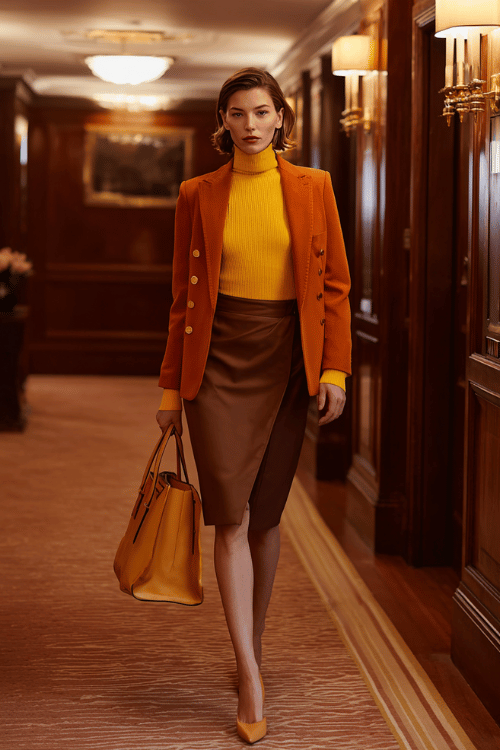 a woman in a bold mustard yellow fitted turtleneck tucked into a high-waisted wrap midi skirt in rich espresso brown, layered with a tailored rust-orange blazer with subtle gold button accents