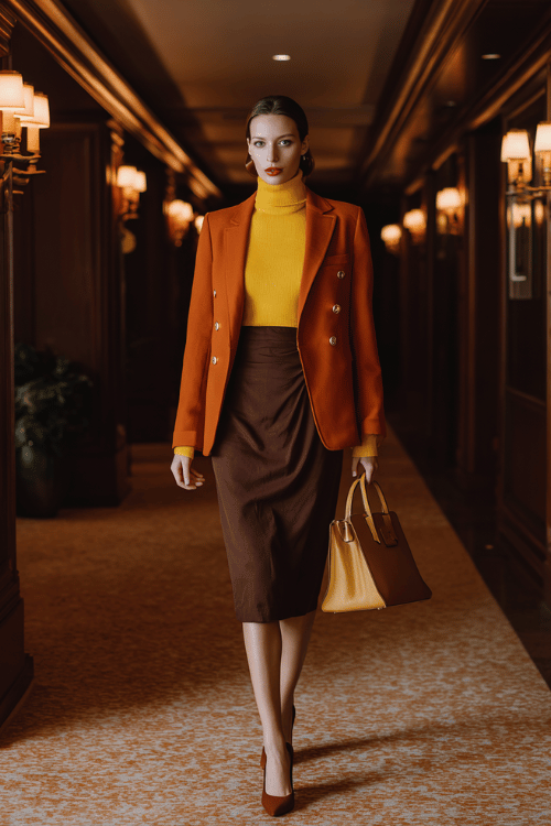 a woman in a bold mustard yellow fitted turtleneck tucked into a high-waisted wrap midi skirt in rich espresso brown, layered with a tailored rust-orange blazer with subtle gold button accents