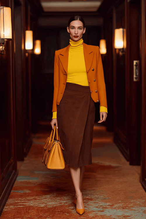 a woman in a bold mustard yellow fitted turtleneck tucked into a high-waisted wrap midi skirt in rich espresso brown, layered with a tailored rust-orange blazer with subtle gold button accents