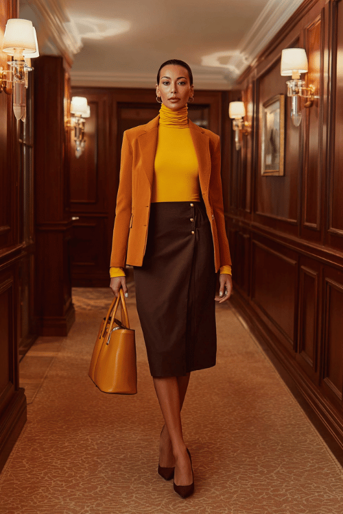 a woman in a bold mustard yellow fitted turtleneck tucked into a high-waisted wrap midi skirt in rich espresso brown, layered with a tailored rust-orange blazer