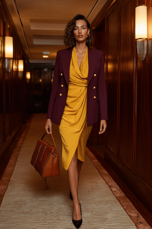 a woman in a bold mustard yellow long-sleeve wrap dress with a beautifully cinched waist and elegant midi length, layered with a tailored deep burgundy blazer with gold button details