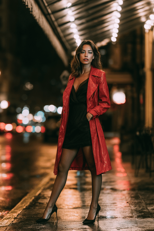 a woman in a bold red faux leather trench coat worn over a black mini dress, black sheer tights, and black stiletto pumps, standing under a bar