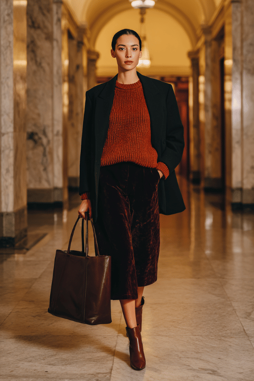 a woman in a bold terracotta oversized knit sweater tucked into a high-waisted A-line midi skirt in deep plum velvet, layered with a longline black blazer with structured shoulders