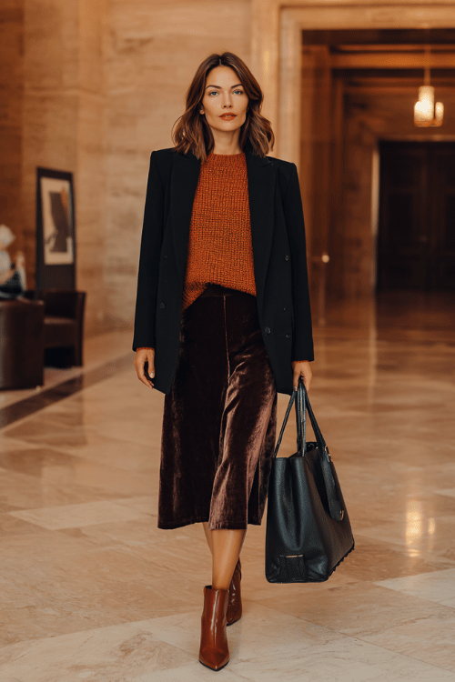 a woman in a bold terracotta oversized knit sweater tucked into a high-waisted A-line midi skirt in deep plum velvet, layered with a longline black blazer with structured shoulders