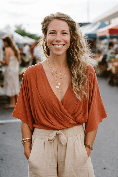 a woman in a casual boho look a flowy rust-orange wrap top with flutter sleeves paired with relaxed linen wide-leg pants in warm oatmeal accessorized with layered delicate gold necklaces