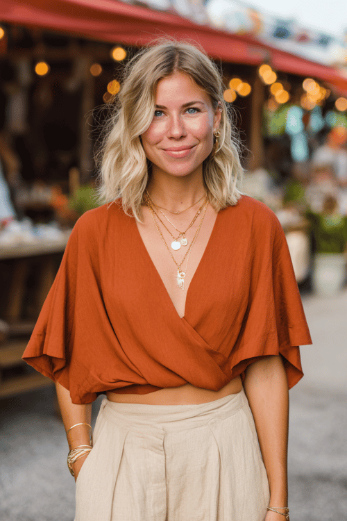 a woman in a casual boho look a flowy rust-orange wrap top with flutter sleeves paired with relaxed linen wide-leg pants in warm oatmeal accessorized with layered delicate gold necklaces 
