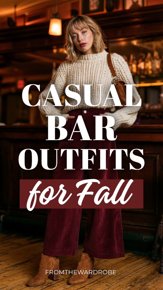 a woman in a casual fall bar outfit with a chunky knit cream sweater, high-waisted burgundy corduroy wide-leg pants, and brown suede block-heeled boots