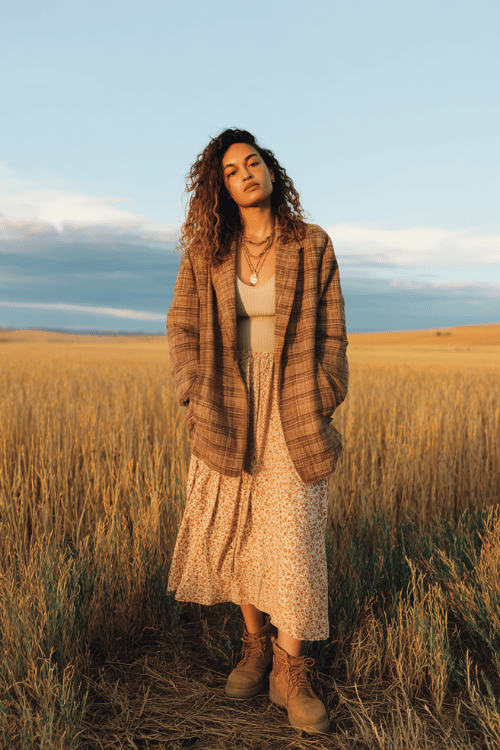 a woman in a casual fall boho look wearing a relaxed plaid oversized blazer in warm brown and cream tones over a flowing skirt with a ditsy floral print, paired with a simple ribbed tank