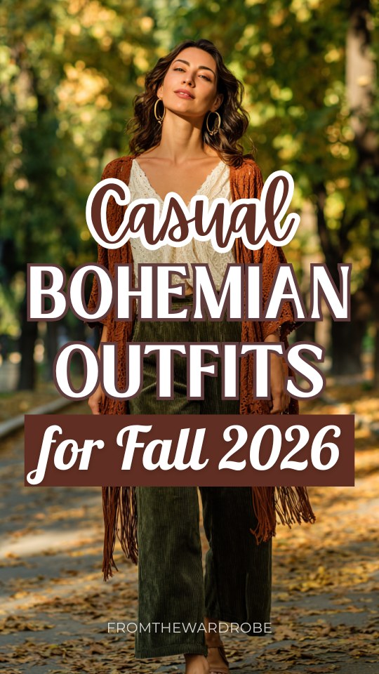 a woman in a casual fall boho outfit with wide-leg corduroy trousers in deep olive green paired with a loose cream lace-trim blouse, layered with a lightweight fringed kimono in warm terracotta